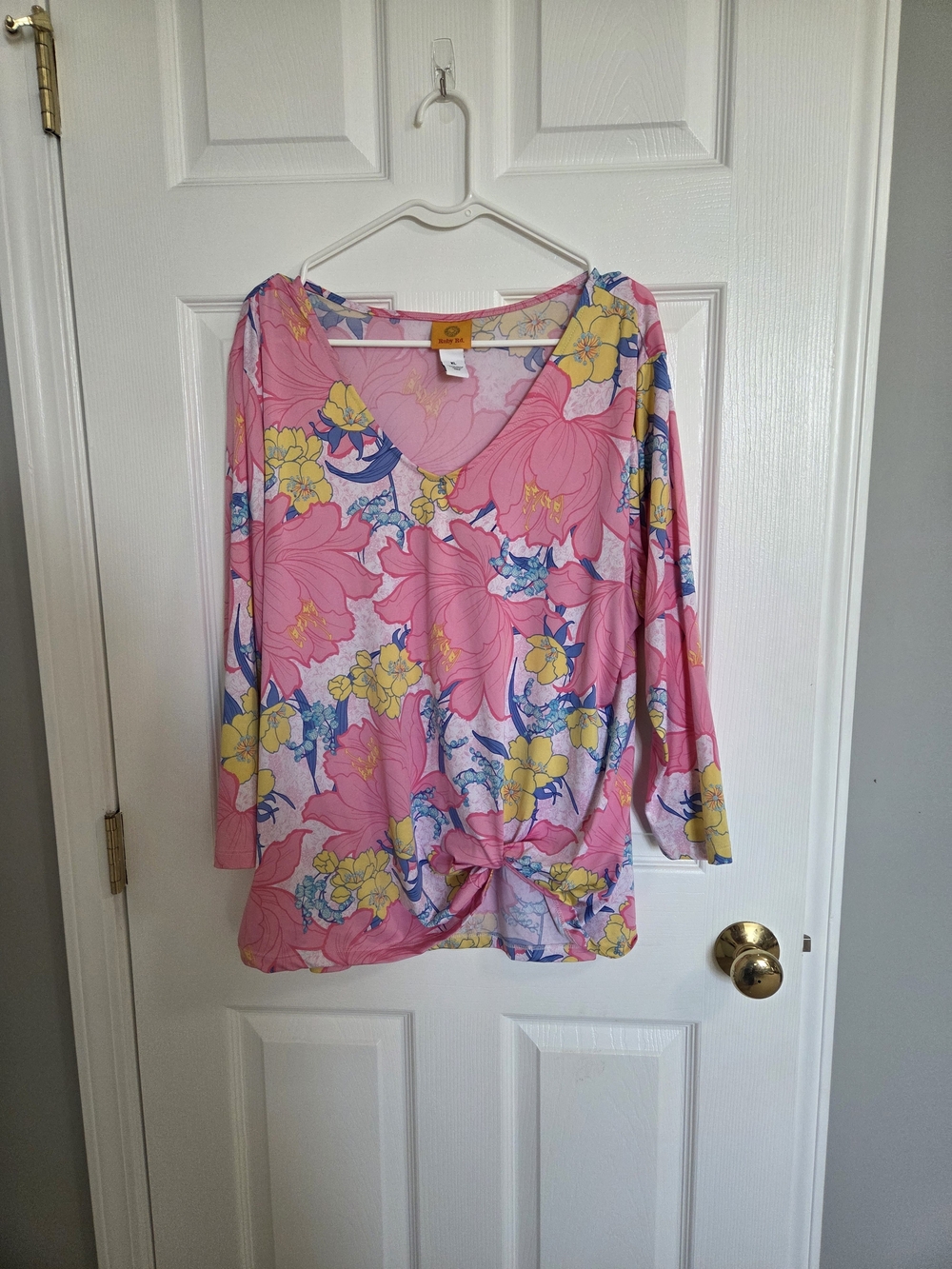 Ruby Rd. Pink Floral Twist-Front Long Sleeve Top